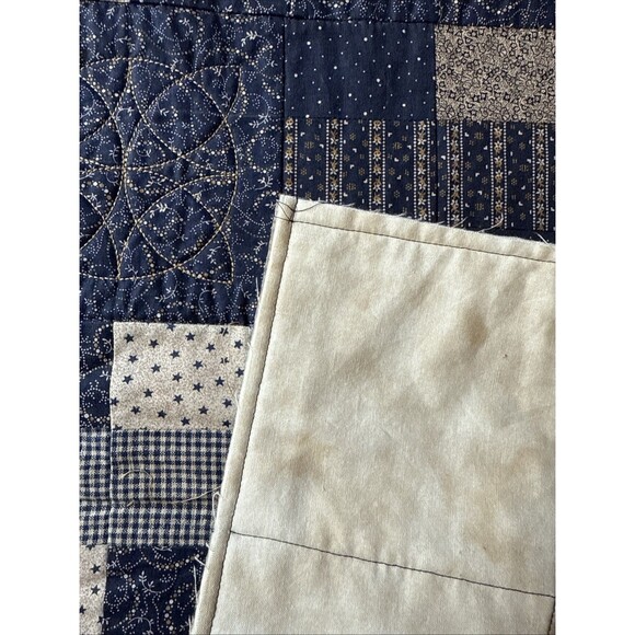 Baby Quilt Handmade Americana Folk Art Blue 33x43 Embroidered Cotton Lap Blanket - Picture 6 of 12